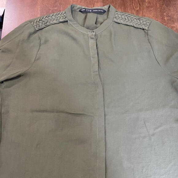 Zara Basic Chiffon Blouse Women's Size Large Green Military Style Long Sleeves - Picture 7 of 7